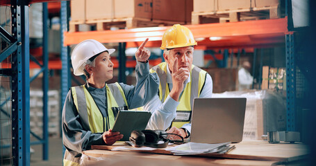 Poster - Distribution, people and pointing in warehouse, laptop and inventory management with quality control. Employees, supply chain and meeting with stock, industry or tablet with conversation and teamwork