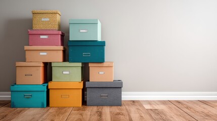Poster - Organized Stacked Storage Boxes on Wooden Floor in a Minimalist Room Generative AI