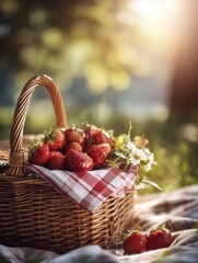 Aufkleber - Sunlit Picnic Basket Filled With Fresh Strawberries and a Napkin Among Blooming Nature Generative AI