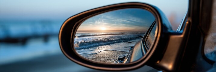 Aufkleber - Sunglasses Reflecting a Beautiful Beach Sunset With Waves and Open Gradient Sky in a Serene Coastal Setting Generative AI