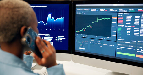 Poster - Stock market, computer screen and woman with phone call in office at night for investment negotiation. Cellphone, contact and female trader with discussion for financial statistics, graphs or charts.