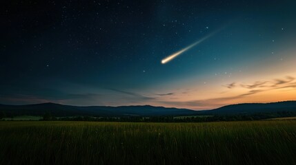 Wall Mural - a bright shooting star is streaking across the night sky over a field