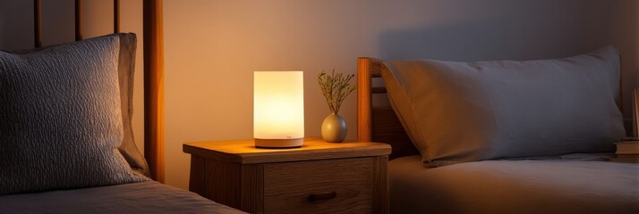 Leinwandbilder - Cozy Nightlight Illuminating Wooden Nightstand Beside Soft Bedding in a Serene Nighttime Setting Generative AI