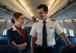 © Creative Habits - Flight crew members including pilot and stewardess are standing in the airplane cabin looking at each other with smile and positive emotions. Airline staff wearing uniform posing in aircraft