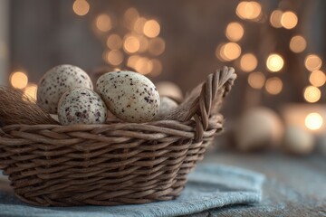 Poster - Warm Light Illuminates a Wicker Basket Filled With Speckled Eggs Against a Cozy Backdrop Generative AI