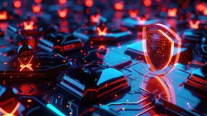 Picture of digital security system to protect dangerous hacking computer user in colorful light of cyberspace style theme. Coding and programming for guarding digital technology from criminal. AIG53.