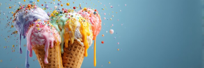 Aufkleber - Colorful Melting Ice Cream Cones With Sprinkles Creating a Delightful Summer Treat Generative AI