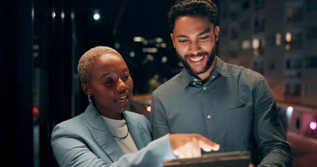 Poster - Business, people and tablet by office at night for reading economy news, investment account or outdoor. Stocks research, balcony or overtime with digital app for currency price or financial portfolio