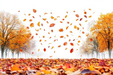 Aufkleber - Vibrant autumn leaves fall gently amidst a serene landscape illuminated by soft morning light in a tranquil forest during the peak of fall season
