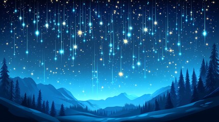Wall Mural - Falling comets are set against a backdrop of realistic universe objects, including glowing sparkles of meteor, asteroid, and stars, with shooting lights in cosmic space on a dark blue background,