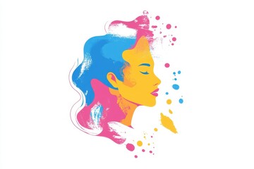 Fototapete - Colorful abstract splash design with vibrant hues of pink, yellow, blue, and violet creating a dynamic visual effect on a white background