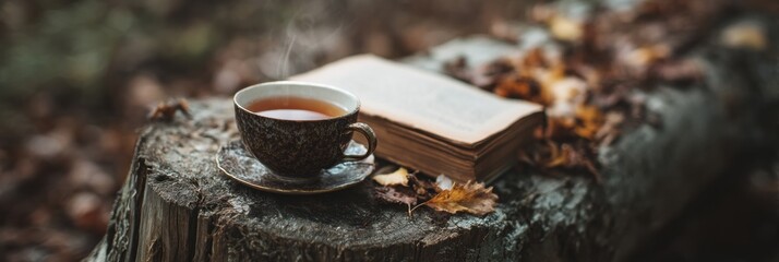 Poster - Cup of Warm Tea Rests on an Open Book Placed on a Log Stump Surrounded by Fallen Leaves in a Serene Outdoor Setting Generative AI