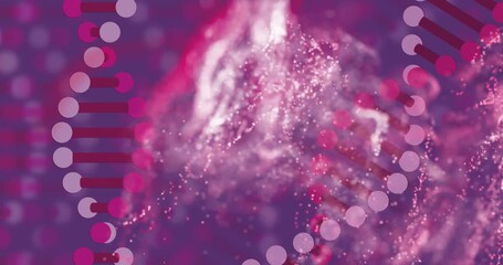 Wall Mural - Abstract DNA helix strands twisting around glowing particle cloud, showcasing animated illustration