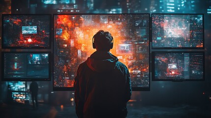 Man Wearing Headphones Observing Digital Screens Displaying Information In A Futuristic City Photo