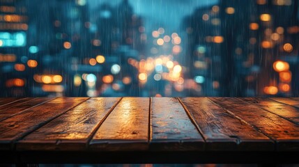 Wall Mural - old wooden vintage counter with colorful bokeh street light night.