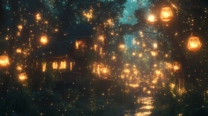 Wall Mural - magical firefly lit cabin