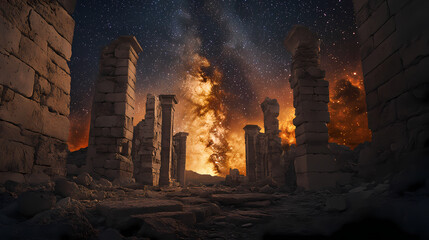 Wall Mural - ancient ruins under milky way, night sky, travel, history, tourism. [celestial ruins] | fading galax