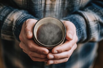 Poster - Hands Gently Cradle a Steaming Cup of Coffee on Warm Flannel Fabric in a Cozy Indoor Setting During a Chilly Morning Generative AI