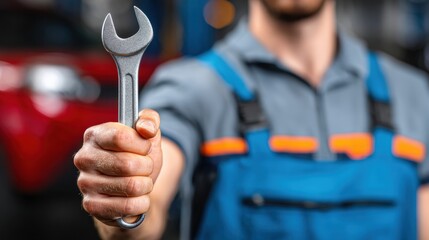 Aufkleber - Mechanic in Garage Holding Wrench for Vehicle Repair and Maintenance With Blurred Background Generative AI