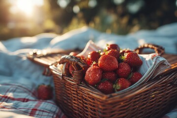 Aufkleber - Enjoying Strawberries From a Picnic Basket Under the Warm Sun in a Serene Outdoor Setting Generative AI