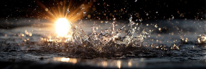 Poster - Water Splash Frozen Midair With Sun Burst Illuminating the Water Droplets in a Captivating Display of Natures Beauty Generative AI