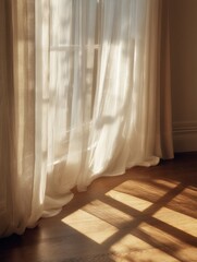 Aufkleber - Soft Sheer Curtain Flowing Gracefully in a Sunlit Room, Casting Gentle Shadows Across the Warm Wooden Floor Generative AI