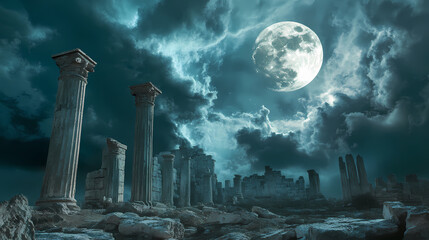 Wall Mural - Ominous storm clouds over ancient ruins with full moon mysterious atmosphere dramatic landscape nighttime view untold stories. [Celestial Ruins] | Galactic Debris | ruined expanse. Illustration