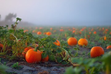 Aufkleber - Soft Morning Fog Blankets a Vibrant Pumpkin Patch in Early Autumn Generative AI