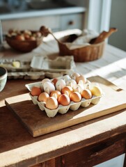 Aufkleber - Morning Kitchen Table Setting With Cutting Board and Fresh Eggs Ready for Breakfast Preparation Generative AI