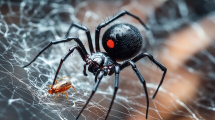 Wall Mural - Close-up view of a black widow spider on its web.