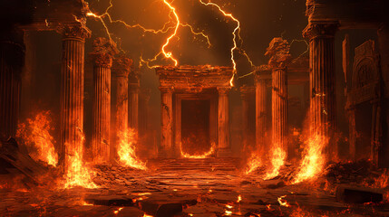 Wall Mural - Ancient throne room with crumbling stone columns, striking lightning, and fiery torches. [Celestial Ruins] | Void Remnants | lost stars. Illustration