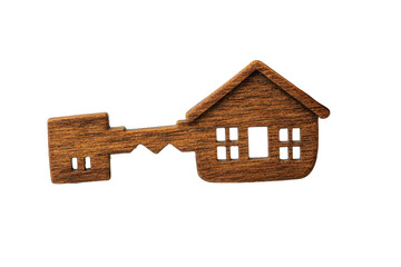 Poster - Wooden key shaped like a house on a transparent background evokes home ownership and security vibes for design and decoration projects