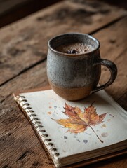 Poster - Warm Mug Resting Next to Vintage Notebook Featuring Hand-Drawn Falling Leaf Sketch on a Rustic Wooden Table Generative AI