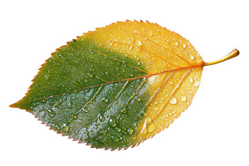 Poster - Leaf displaying vibrant gradients of green and yellow with water droplets on a transparent background for design or educational use