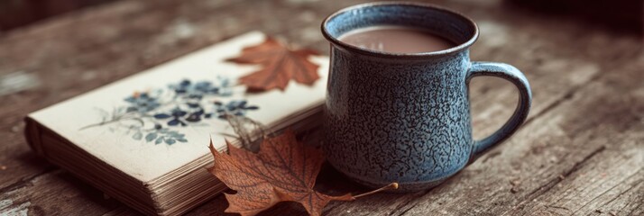 Poster - Warm Mug Beside Vintage Notebook With Falling Leaf Sketch on Rustic Wooden Table in Cozy Autumn Setting Generative AI
