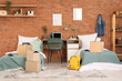 © Pixel-Shot - Interior of dorm room with beds, table and moving boxes