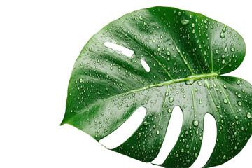 Poster - Close-up view of a green leaf covered in water droplets on a transparent background, showcasing vibrant colors and natural texture, perfect for graphic design or nature projects