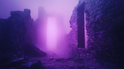 Wall Mural - soft luminescence illuminates ancient stone walls, mystic fog envelops, stone, misty, walls. [celest