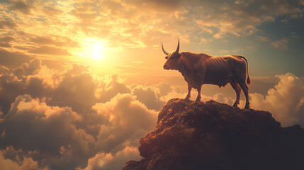 Wall Mural - Bull on rock with sunlight and clouds. [Solar Echoes] | Sunflare Reverie | dreamy warmth. Illustration