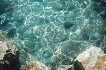 underwater view of crystal clear swimming pool with sun rays and ripples