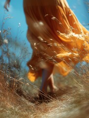 Poster - Summer Dress Sways Gracefully in the Breeze Amidst Golden Grass Under a Clear Blue Sky Generative AI