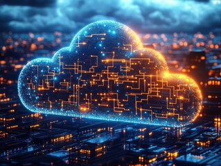 Wall Mural - glowing digital cloud icon composed of interconnected circuitry and lights floating over dark futuri