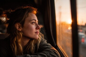 Aufkleber - Woman Gazes out of Bus Window at Sunset Glow With a Thoughtful Expression During Evening Travel Generative AI
