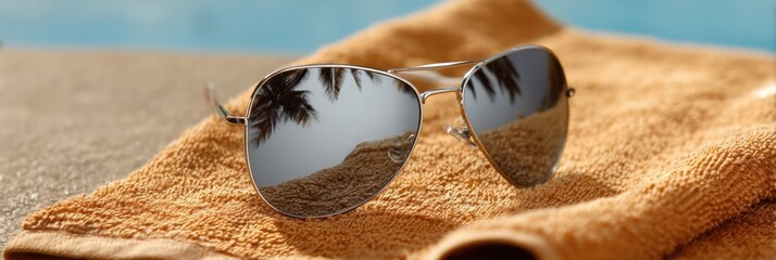 Poster - Sunglasses Resting on Sandy Towel Reflecting Palm Trees Under Bright Sun by the Beach Generative AI