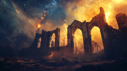Wall Mural - timeless ruins under celestial light display high resolution picture. [celestial ruins] | destroyed 