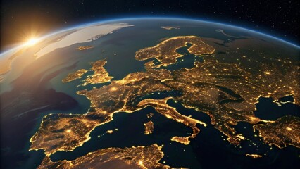 Wall Mural - a view from space showing earth at night, with the continent of europe and parts of africa and asia 