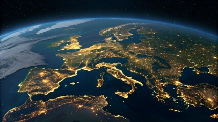 Wall Mural - the european continent is visible from orbit at night, with a dense pattern of lights indicating hum
