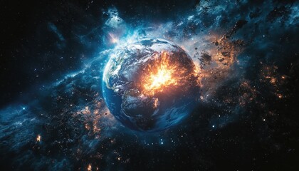 Poster - Fiery Cosmic Explosion Engulfs Blue Planet in Dark Nebula