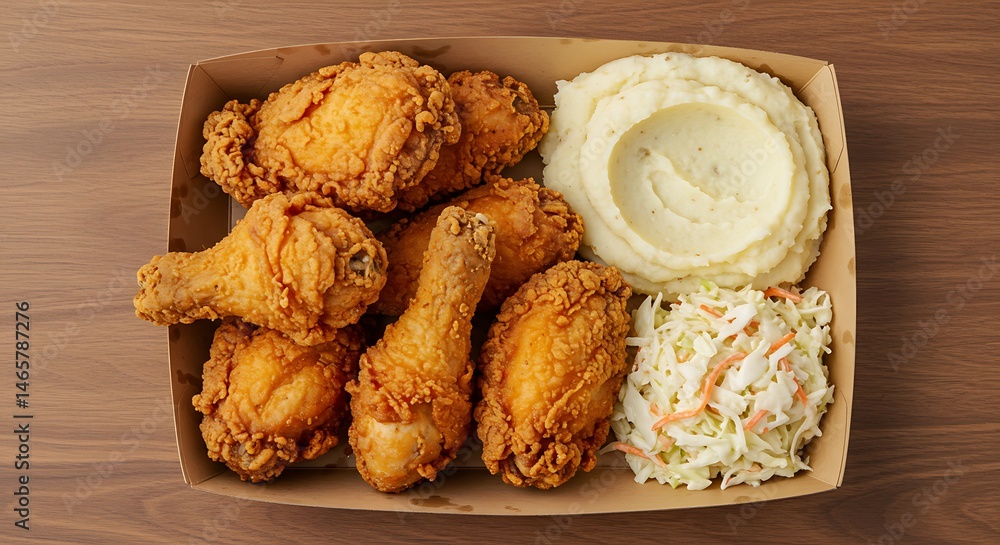 Fried Chicken Meal in a Box with Mashed Potatoes and Coleslaw Stock ...
