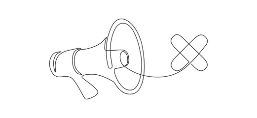 Poster - Loudspeaker mute in one continuous line drawing. No audio and music symbol in simple linear style. Noise Forbidden sign. Monoline vector illustration